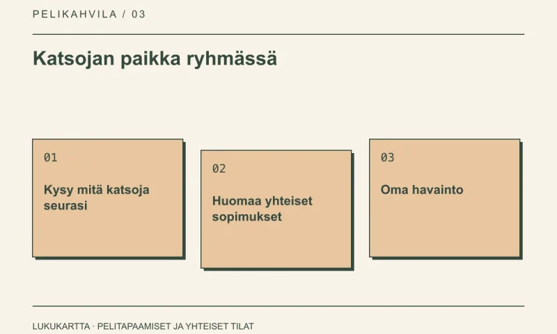 Lukukartta: Katsojan paikka ryhmässä. Kysy mitä katsoja seurasi, Huomaa yhteiset sopimukset, Oma havainto.