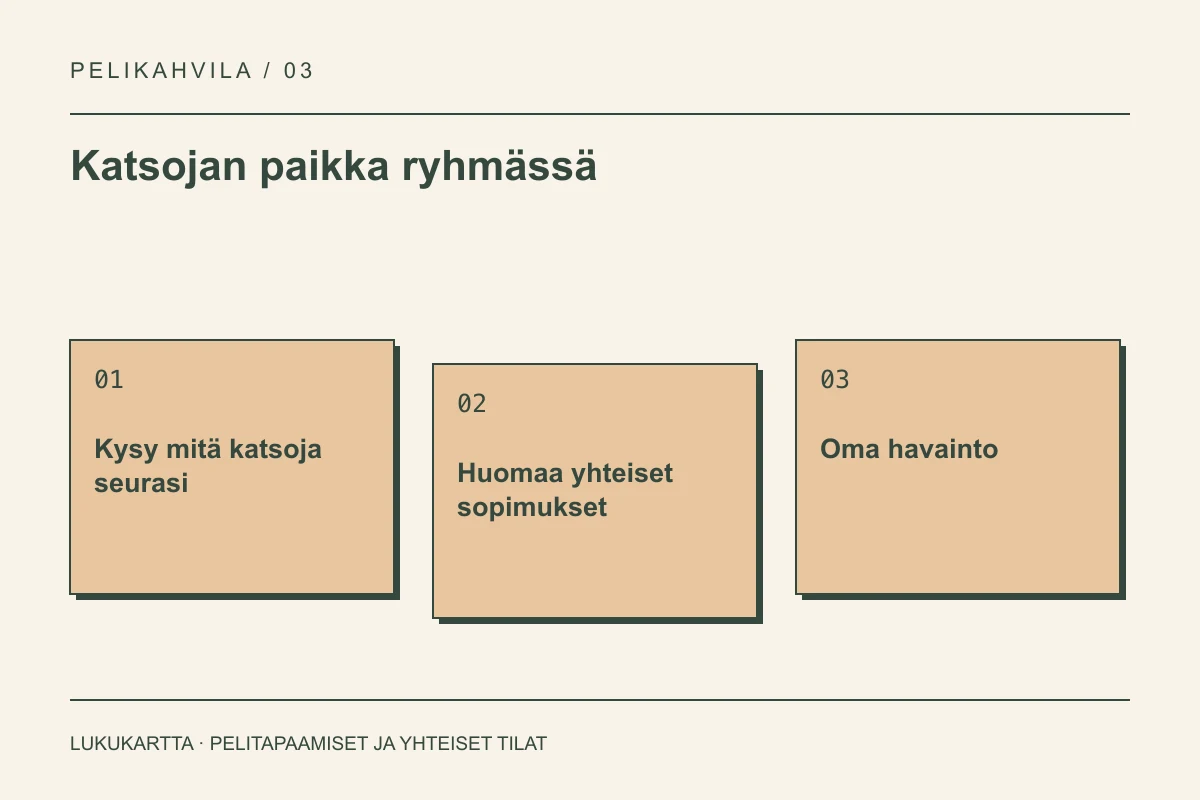 Lukukartta: Katsojan paikka ryhmässä. Kysy mitä katsoja seurasi, Huomaa yhteiset sopimukset, Oma havainto.
