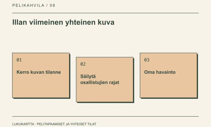 Lukukartta: Illan viimeinen yhteinen kuva. Kerro kuvan tilanne, Säilytä osallistujien rajat, Oma havainto.