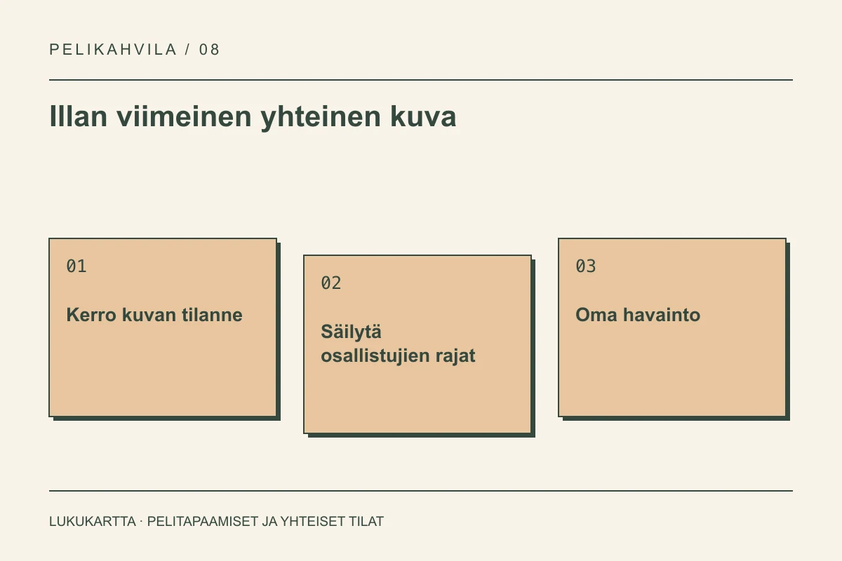 Lukukartta: Illan viimeinen yhteinen kuva. Kerro kuvan tilanne, Säilytä osallistujien rajat, Oma havainto.